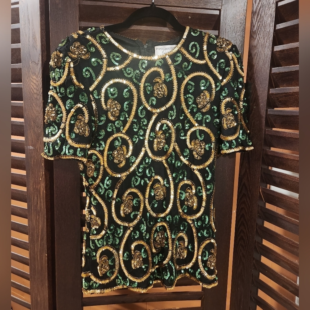 Papell Boutique Black Silk Top with Gold and Green Embellishments 2BB